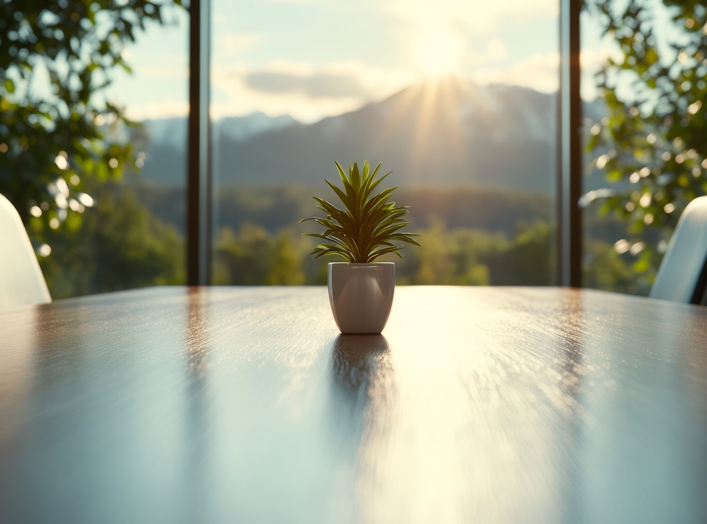 Empty conference room with a small plant in a pot sitting on a table, overlooking a mountain range at sunset